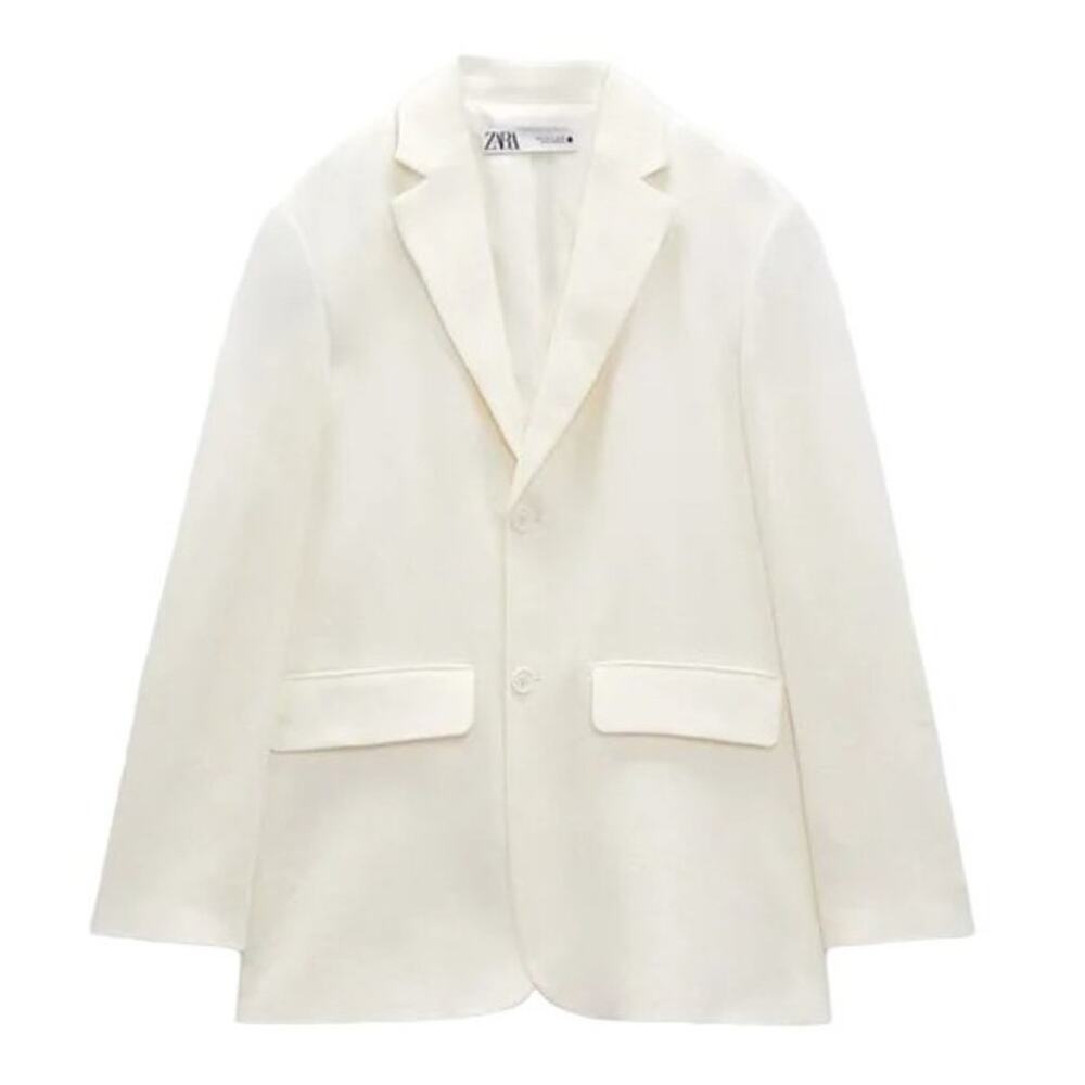 NWT ZARA Linen Blend Blazer Jacket in Ecru White SZ L